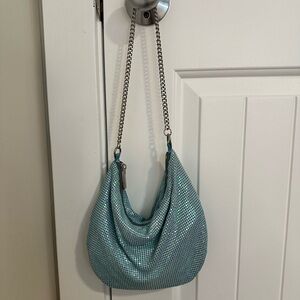Aqua Blue Mesh Clutch with Chain Strap
